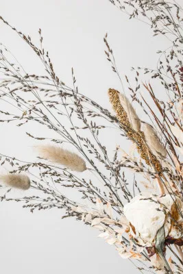 Verticale foto van gedroogde bloemen en planten tegen een grijze achtergrond, botanisch stilleven in herfstkleuren