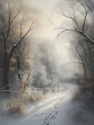 Verticale illustratie van een winters landschap met sneeuw, ijs en bevroren bomen in een rustig bos