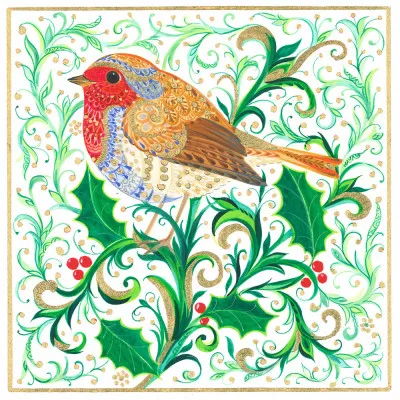 Vierkante illustratie van een groene vogel in een vintage bloemrijke buitenomgeving