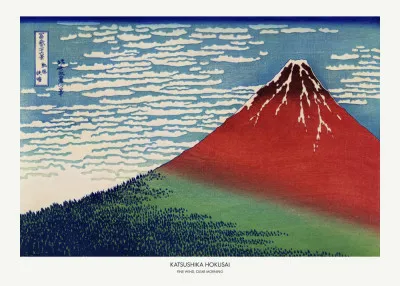 Horizontaal Japanse landschapsillustratie met bergtoppen en frisse ochtendwind in rood en blauw