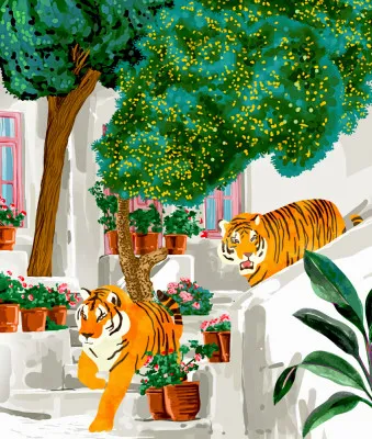 Verticale illustratie van wilde tijgers in een Griekse tuin met witte gebouwen en zomers licht