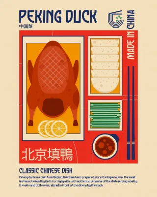 Verticale vintage illustration van peking duck met chopsticks en citroen, Aziatische food print met rode tinten