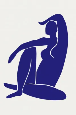 Verticale illustratie van een zittende vrouw in blauwe tinten tegen een lichte achtergrond