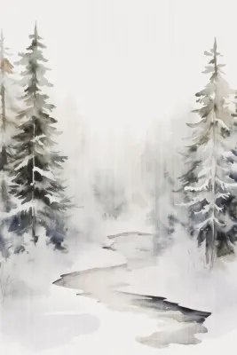Verticale illustratie van Scandinavisch winterlandschap met besneeuwde dennenbomen en rustig bos