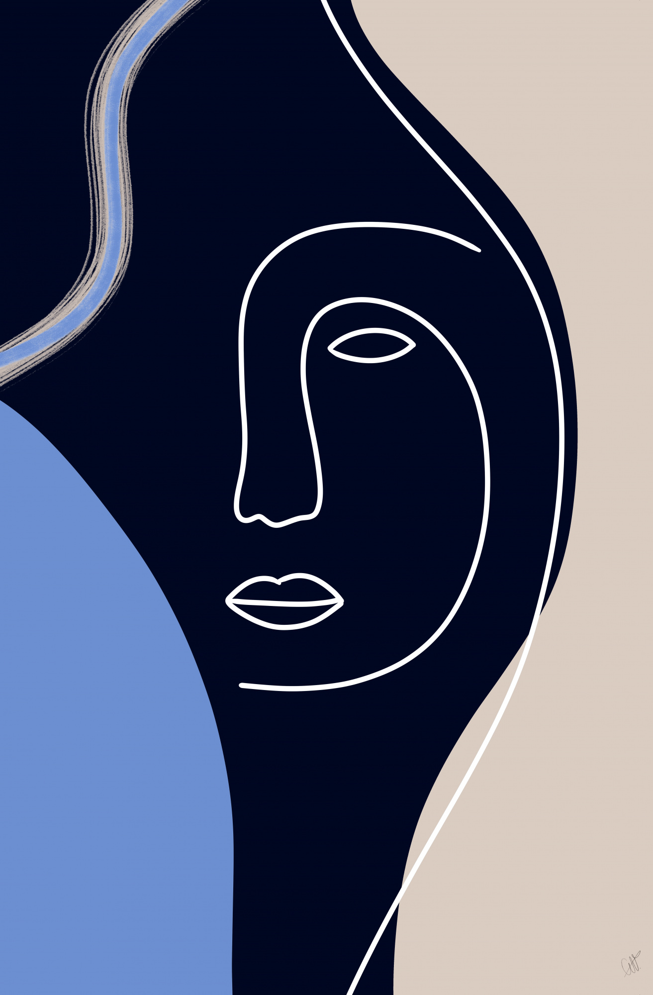 Line art portret van vrouw in beige en blauw
