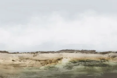 Horizontale illustratie van kliffen en groene velden onder een bewolkte hemel, modern en minimalistisch