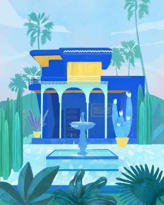 Illustratie van Marokkaanse tuin met palm- en cactusbomen en blauwe villa's in Marrakech
