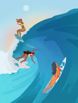 Verticale illustratie van surfers op blauwe golven in een zomerse oceaanlandschap