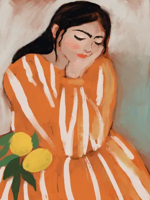 Dromerig portret met oranje jurk en citroenen