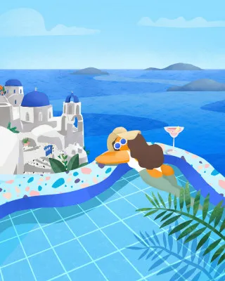 Illustratie van een vrouw in badpak bij zwembad met cocktail in Santorini, Griekenland, zonnige blauwe kleuren en zomerse sfeer