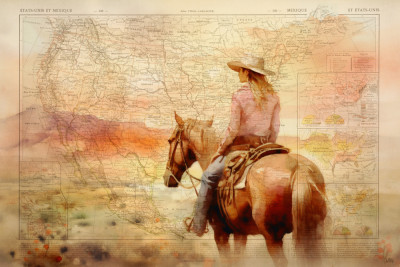 Horizontale aquarel illustratie van cowboy te paard in Amerikaanse buitenlucht met wilde dieren en natuur