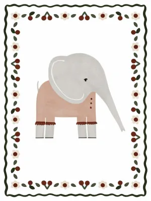 Verticale vintage illustratie van een olifant in een speels buitenbeeld met florale rand en zachte pasteltinten