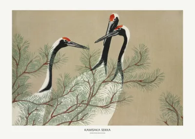 Horizontale illustratie van kraanvogels in momoyogusa met warme bruine en beige tinten in een Japans buitenlandschap
