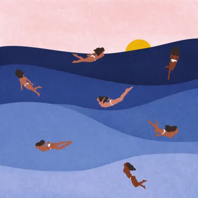 vierkante illustratie van een diepblauwe onderwaterwereld met golven en duikers in blauwe tinten