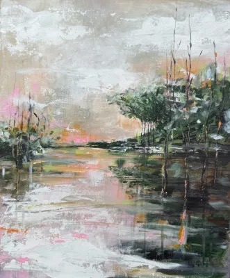 Verticaal handgeschilderd herfstlandschap met kleurrijke bomen en natuur in impressionistische stijl