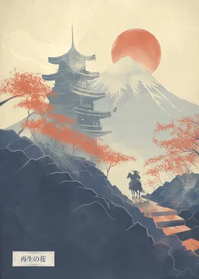 Verticale illustratie van Japandi landschap met rode bloesems en vintage waterverftechniek