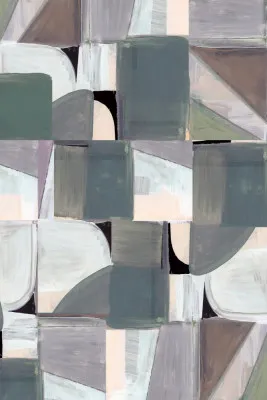 Verticale abstracte illustratie met gedempte kleuren, penseelstreken en organische vormen in een natuurlijke compositie