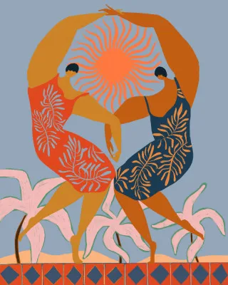 Verticale kleurrijke illustratie van dansende mensen onder palmbomen met abstracte vormen en tropische sfeer