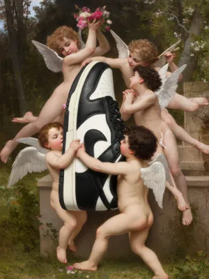 Verticale illustratie Celestial Drop met neoklassieke engelen en urban streetwear in een surrealistische buiten scène