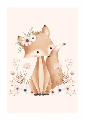 Verticale illustratie van een schattige bosvos omringd door roze bloemen in een bosrijke omgeving