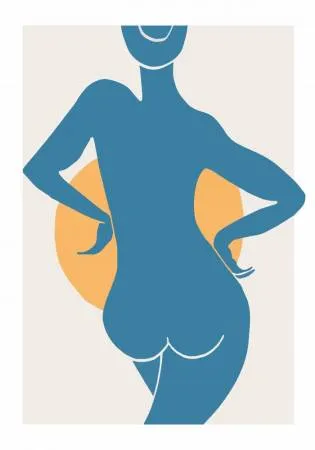 Verticale illustratie van een vrouw in blauw en geel met een buitenachtergrond in mid-century stijl