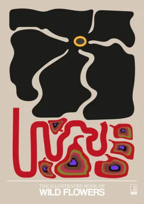 Verticale illustratie van wilde bloemen en botanische typografie in zachte greige tinten voor aan de muur