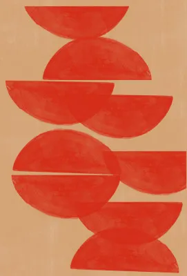 Abstracte verticale illustratie met rode en oranje geometrische cirkels en halve cirkels in een moderne compositie