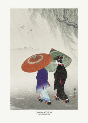 Verticale vintage illustratie van twee vrouwen met paraplu's in de regen, geïnspireerd door Japanse kunst