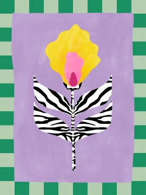 Verticale illustratie van bloem met groene en gele bladeren in zebrapatroon, abstract en grafisch ontwerp