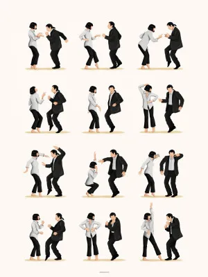 Illustratie van een dansend paar met filmische poses en lichte achtergrond in verticale oriëntatie