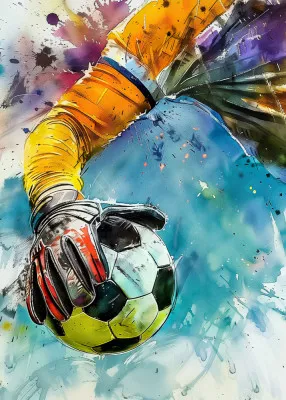 Verticale waterverfillustratie van een voetballer in actie tijdens een wedstrijd