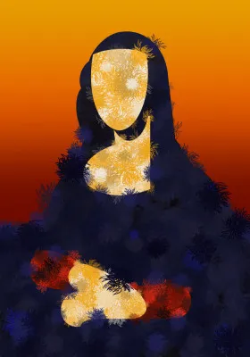 Furry Mona kleurrijke verticale illustratie met pop art en mystieke outdoor scène