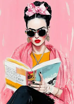 Verticale digitale illustratie van een vrouw die buiten een boek leest in levendige kleuren, geïnspireerd op Frida Kahlo
