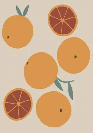 Verticale illustratie van een oranje citrusvrucht in een buiten scène, mid-century stijl