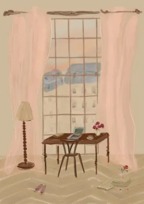 Paris Window View Illustration with Rustic Desk