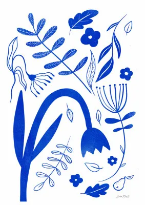 Verticale minimalistische illustratie van blauwe bloemen en bladeren in Scandinavische stijl