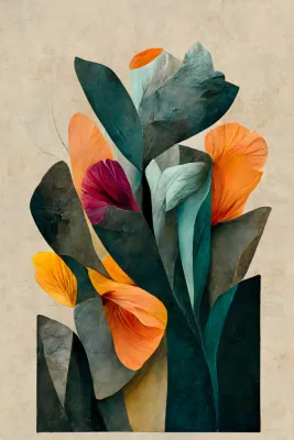 Verticale illustratie van abstract botanisch ontwerp met groene bladeren en oranje bloemen op canvas