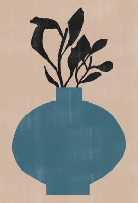 Verticale botanische illustratie van een vaas met bladeren in een buitenomgeving, grafische planten en bloemen