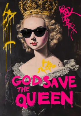 Verticale popart illustratie van vrouwelijk portret met kroon en moderne accessoires in street art stijl