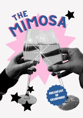 Verticale illustratie van mensen die mimosas proosten in roze en zwarte vintage popart stijl