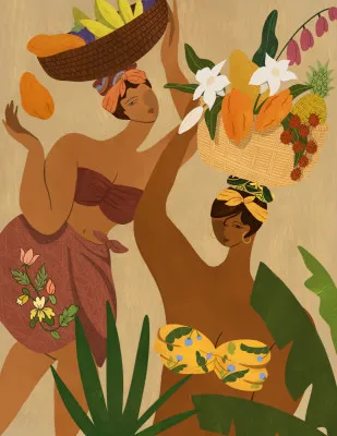 Verticale illustratie van tropisch landschap met palmbomen en mand met papaja’s in de voorgrond