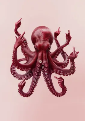 Verticale illustratie van een reuzenoctopus in rode en roze tinten met een handgebaar, onderwaterlandschap