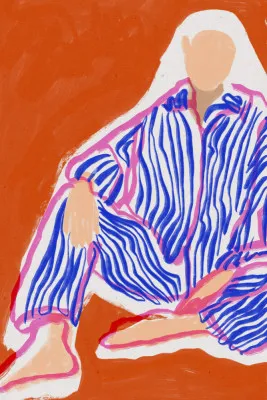 Verticale illustratie van mensen in blauwe pyjama's met gestreepte patronen en een moderne abstracte buiten scène