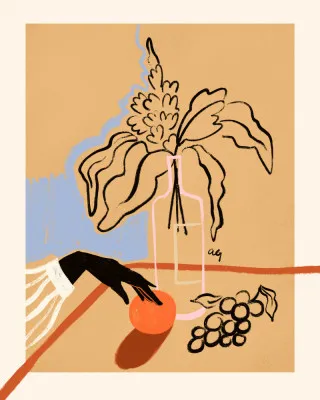 Verticale minimalistische illustratie van oranje tropische bloemen en botanische lijnen op mat papier