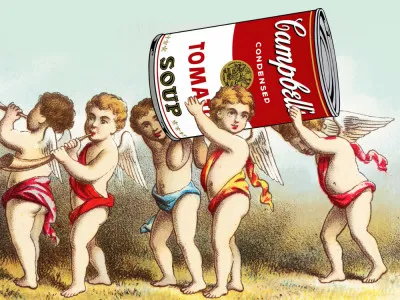 Horizontale illustratie van een strandtafereel met kleurrijke zwemkleding en surrealistische elementen