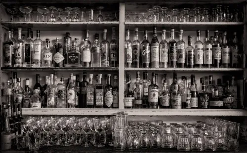 Zwart-wit horizontale foto van flessen en glazen op een plank in een buitenruimte in Seattle