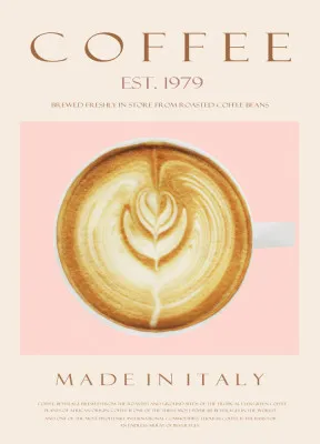 Verticale illustratie Coffee Est. 1979 met roze bloemen en Italiaanse koffiecups in een buitenomgeving
