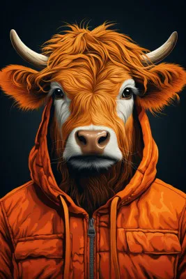 Verticale cartoonillustratie van een vrolijke stier op een zonnige boerderij