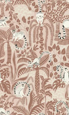 Verticale illustratie van jungle avontuur met lemuren, apen en warme aardetinten