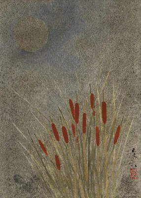 Verticale illustratie van een Japans grasveld bij nacht met abstracte planten en zilveren accenten